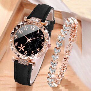 2PCS/Set Women Watche Rhinestone Heart Bracelet Set Fashion Flower Dial Female